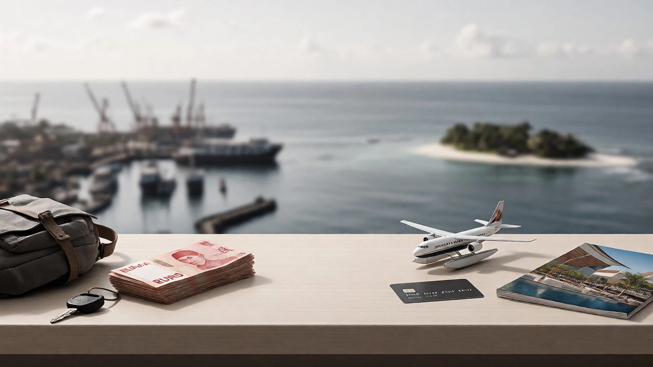 Conceptual still life comparing Bali's affordable logistics with Maldives' high-cost transfers