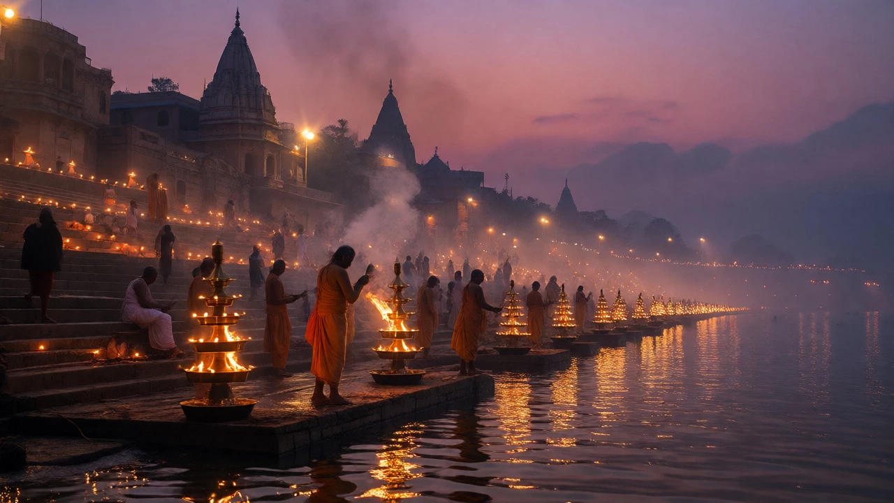 Devotees performing Ganga Aarti with lamps on the ghats of Varanasi.