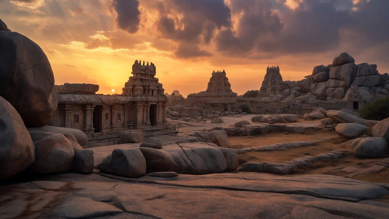 Hampi ruins temples among boulders at sunset