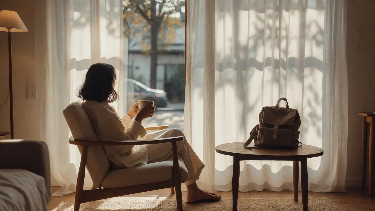 Individual relaxing with coffee in a sunlit hotel room, with a backpack nearby, enjoying a calm Sunday morning break.