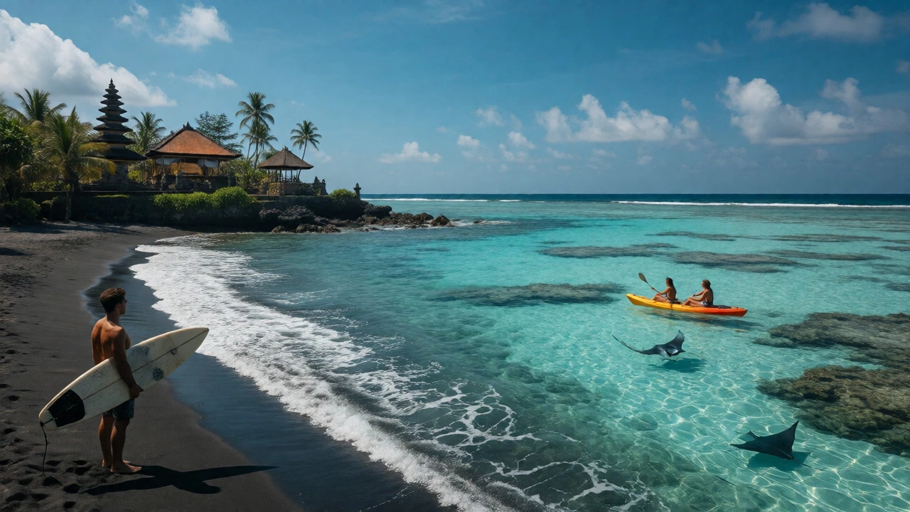 Surfer in Bali contrasts with kayakers in clear Maldivian lagoons showing activity differences