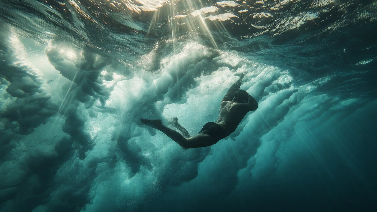 Swimmer battling rip currents in the turquoise Arabian Sea