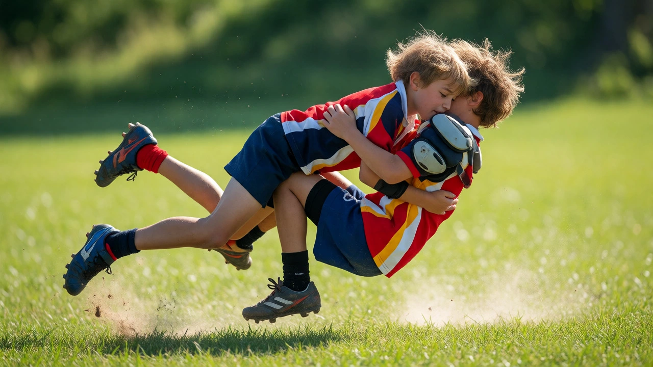 Two kids tackling during a rugby match