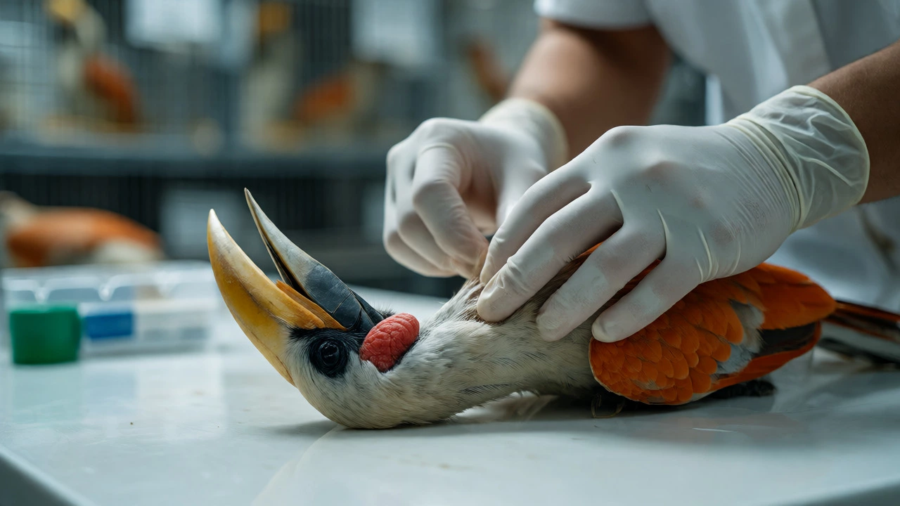 Vet examining injured hornbill in rehab center